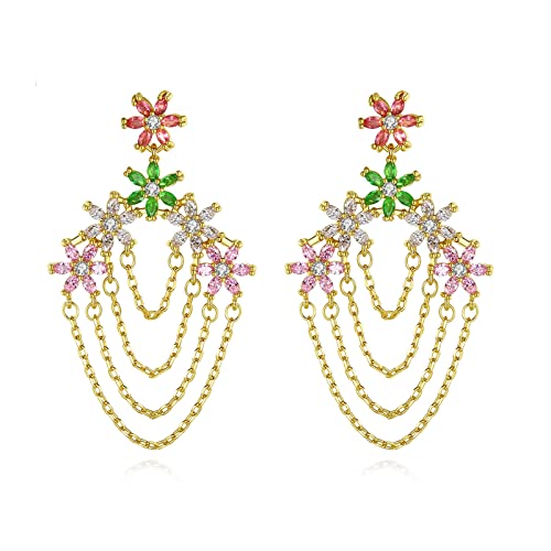 Boucles d'oreilles fleurs zircones avec chaîne idée cadeau femme