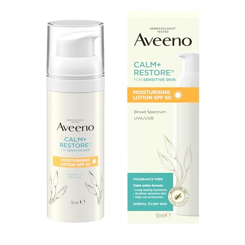 Aveeno Face CALM+RESTORE Moisturising Lotion SPF 50 50ml - Soothes Sensitive Skin with Deep Hydration and High Sun Protection for Daily Use