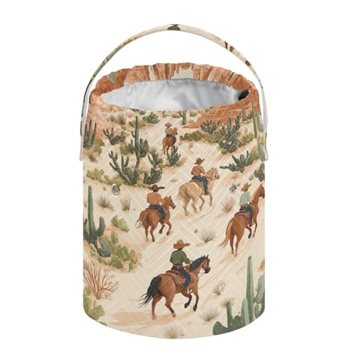 Image of ElliTarr Crochet Bag Yarn Bag with Handle Portable Knitting Project Bag Travel Yarn Storage Organizer Holder Case Cowboys Horses Cactus Desert Beige