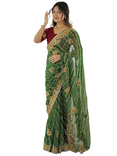 Image of Satrani Women's Georgette Bandhani Printed Embroidered gota lace Saree with Unstitched Blouse Piece
