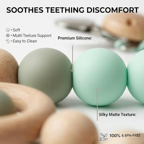 Image of 2Pcs Silicone Pacifier Clip with Natural Wooden Rings, Green Pacifier Holder Binky Clips for Baby Girl and Boys (Green)