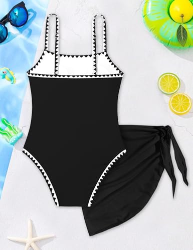 Image of WIQI Girls Swimsuit One Piece Bathing Suit Color Contrast Trim Girls' Swimwear with Cover Up Skirt Size 9-16