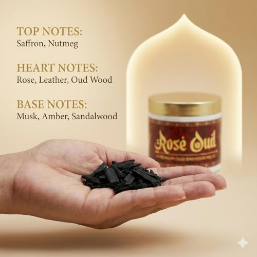 Image of Rose Oud BAKHOOR Incense | Authentic Arabic BAKHOOR Incense | 40 GMS JAR | Pack of 1 | Natural Wood Chips Rose Fragrance Woody Blend | Perfect for Pooja