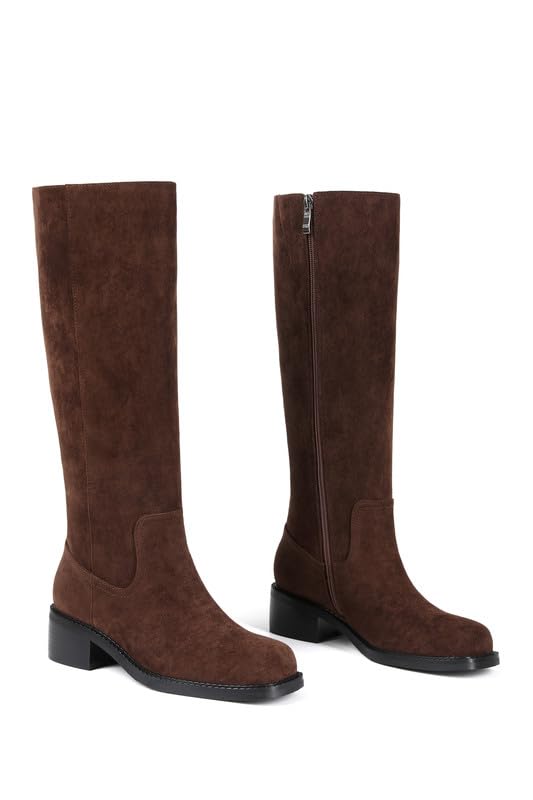 Image of ZJA Knee High Boots Square Toe Boots Low Heel Flat Long Boots for Women Dress Chunky Comfortable Tall Boots