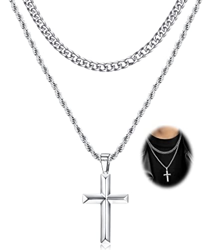 IRONBOX 925 Sterling Silver Cross Necklace for Men Women Stainless Steel Diamond Cut Durable 5MM Cuban Link Chain and 2.5MM Rope Chain Beveled Edge Crucifix Pendant Necklace Jewelry 20 Inches