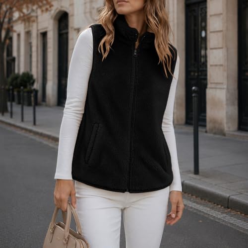 Womens Fleece Vest Zip Front Stand Collar Pockets Casual Fall Layering Top - image 7