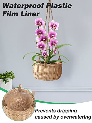 Natural Wicker Hanging Planter Baskets For Plants Indoor- Boho Rattan Plant Pot Small Firm Flower Holder With Waterproof Plastic Liner For Ferns, Herbs, Spider Plant, Phalaenopsis #TOP3