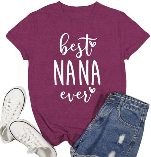 Ascrazy Nana Shirt for Women Best Nana Ever Love Heart Print T-Shirt Grandma Life Tee Top DarkRed