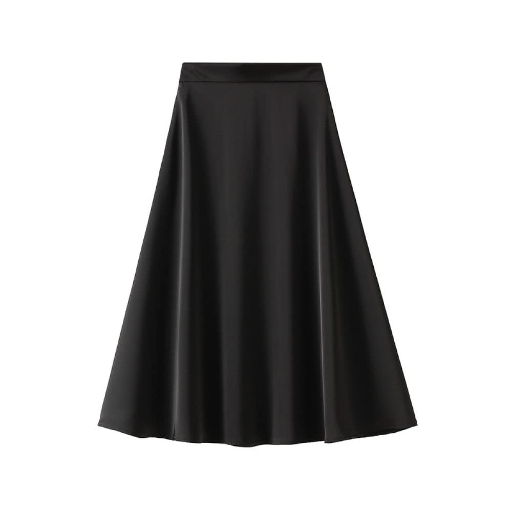 Gonne da Donna,Gonna Longuette da Donna Gonna A Trapezio A Vita Alta in Raso Nero Cerniera alla Moda Gonne Lunghe Eleganti con Volant Increspato Fluente in Tinta Unita per Ragazze Ladies,M