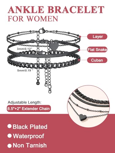 Image of FOCALOOK Anklet Bracelets Set for Women, 14K Gold Plated Waterproof Cuban Link Chain Layered Anklets Set for Plus Size Ankle 8-10.5 Inch Adjustable Summer Beach Jewelry Gift