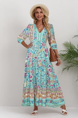 Image of Women Short Sleeve V Neck Floral Print Casual Bohemian Maxi Dresses