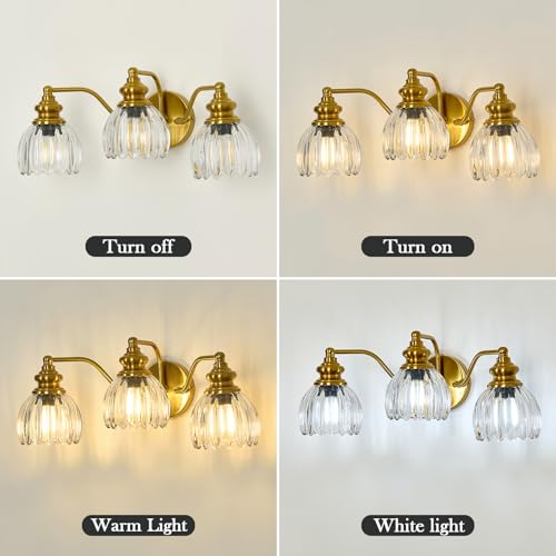 Image of Piepooye Vintage Bathroom Light Fixtures 3 Lights Gold Glass Vanity Light | E26 Bulb Indoor Vanity Light Over Mirror Bedroom Kitchen Farmhouse Living Room