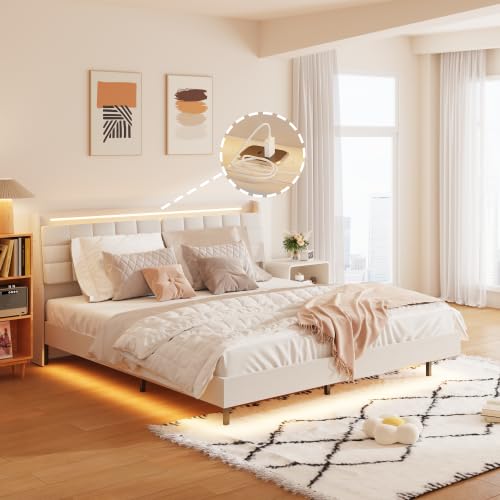 King with LED Light and Charging Station Upholstered Platform Bed Frame King Size with Headboard and Hidden Storage