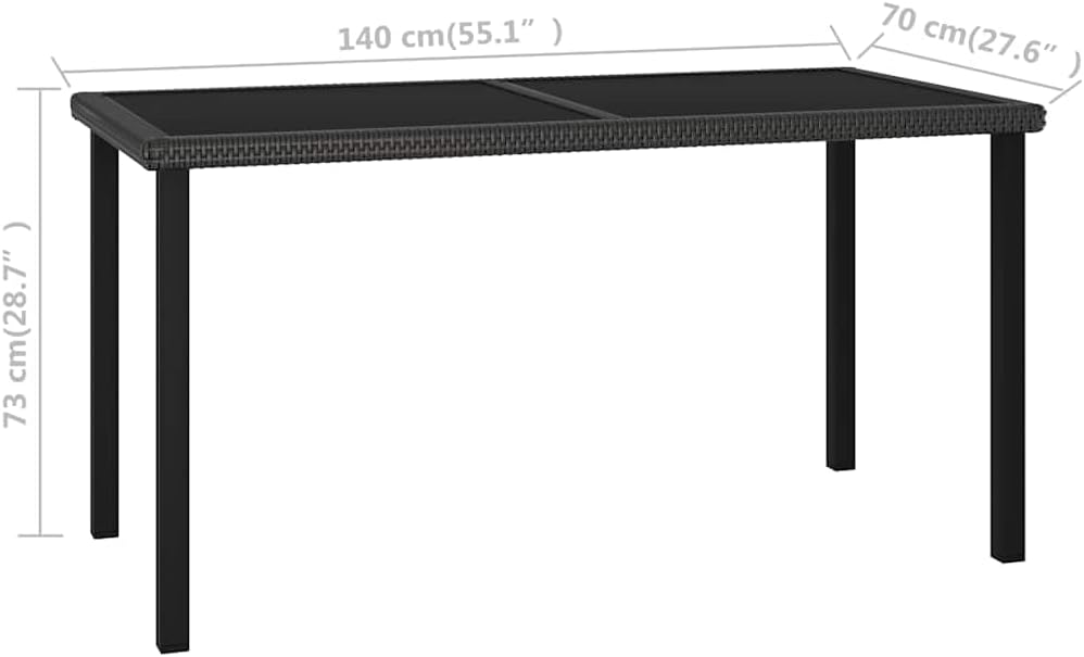 vidaXL Patio Dining Table, 55.1"x27.6"x28.7", Black, Modern Outdoor Table Made of Poly Rattan, Powder-Coated Steel and Tempered Glass