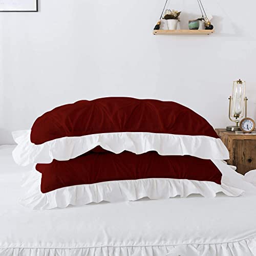 Image of 300 TC Pinch Ruffle 2 Tone Duvet /Razai /Blanket Cover with 2 Pillow Cover- 100% Cotton (Zipper Closure) Razai Cover 3 PC Set, Soft & Lightweight-Single Size White /Burgundy
