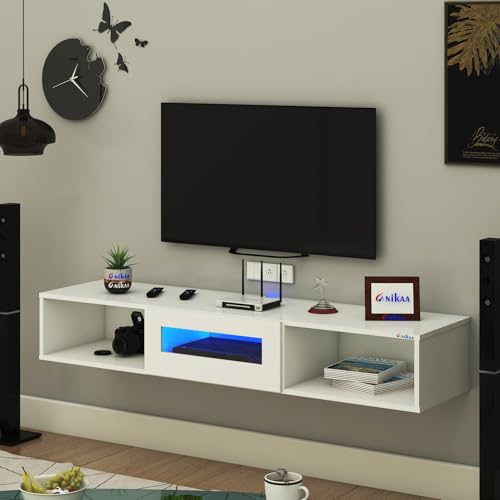 Image of Anikaa Novus Wall Mount Modern Floating TV Unit for Living Room with Open Shelf Storage Cabinet & Middle Cabinet Blue LED Light (Ideal for 32 to 65 inch TV, DIY Installation, White Finish)