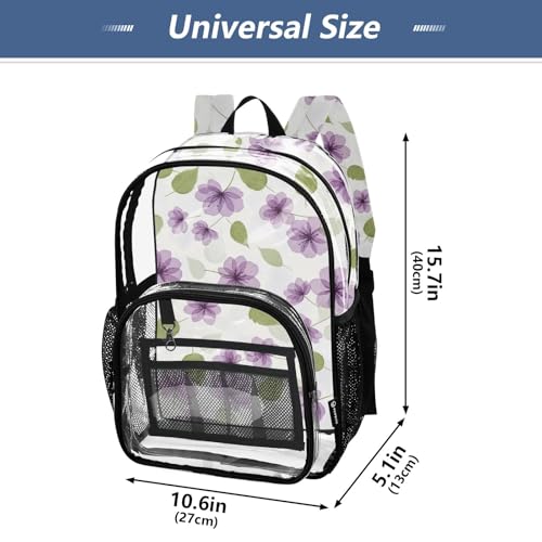 Purple Flora Flowers Leaves Beige Travel Clear Bags for Women Kids Girls Backpack Boys Approved Transparent Bag4