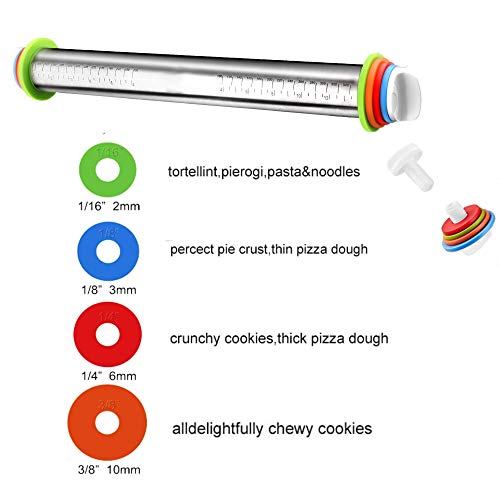 Rolling Pin with Thickness Rings and Pastry Mat Set for Baking Cookie Chapati Fondant Dough Pastry Pizza Pie Crust, Stainless Steel Roller Pin
