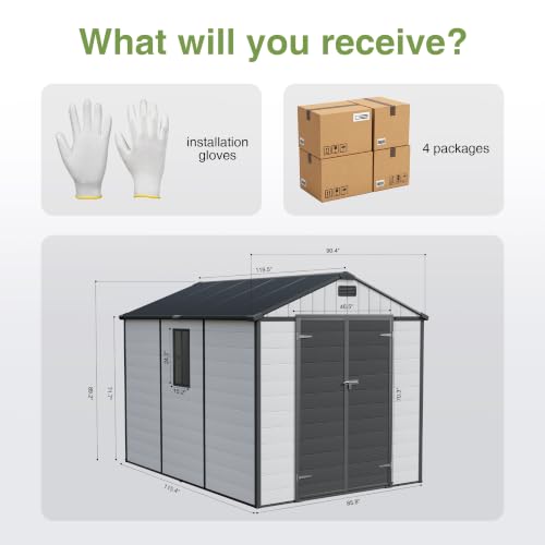 Image of Greesum 8x10FT Resin Outdoor Storage Shed with Floor and Windows, All Weather Plastic Shed with Lockable Door & Vents for Garden, Backyard, Lawn, Light Gray