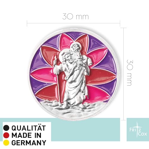 FRITZ COX Automedaille Christophorus ’Mosaik’ in lila-rot | Plakette fürs Auto | magnetisch und selbstklebend | Autofahrer Talisman | Schutzpatron für Reisende und Kinder | 3cm