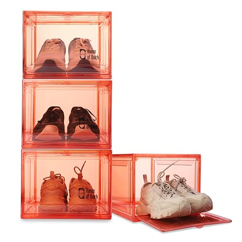Image of House of Quirk Shoe Organizer, Shoe Storage Boxes, Large Shoe Boxes with Magnetic Door, Clear Stackable Plastic Shoe Containers (Pack of 4, Red)
