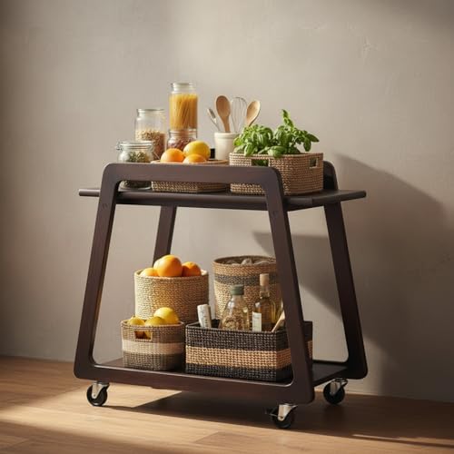 Image of Multipurpose Wood Trolley Storage Organiser with 2 Layers for Kitchen Supplies, Fruits, Vegetables, Onions, Cutlery, Trapezoid-Shaped Kitchen Storage Rack, Black Natural Color