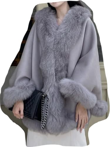 NU-96 Cashmere Cape For Women Warm Outwear With Fluffy Real Fox Fur Collar Trim Wool Shawl Cloak Wrap