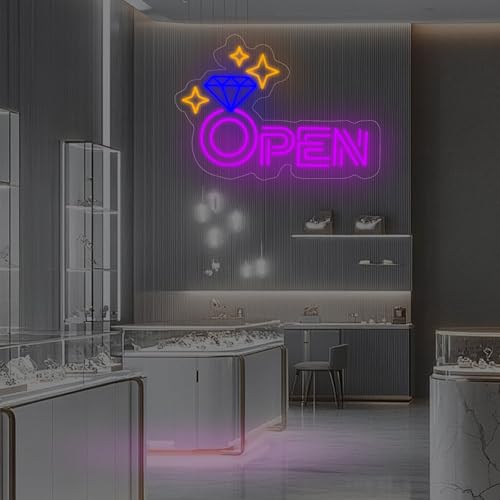 Image of Diamond Open Indoor Neon Sign For Jewelry Store Business Open LED Light | USB Powered Dimmable Diamond Storefront Wall Art Diamond & Sparkle Stars Wall Decoration, 16.5 inchx11 inch, Purple