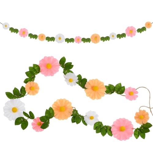 Wool Felt Daisy Banner Garland, Felt Colorful Daisy Banner, Daisy-Themed Party Decorations, Wildflower Garland 1st Birthday Decorations, Boho Pompom Hanging Banners for Nursery, Wedding and Party