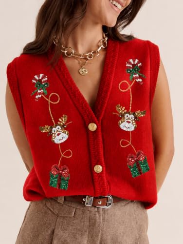 Image of Women Christmas Sweater Vests Santa Claus Sleeveless Cardigan | Women Christmas Sequin Sweater Vests, Button Down, Gingerbread Man Print, Christmas Holiday Tank Top