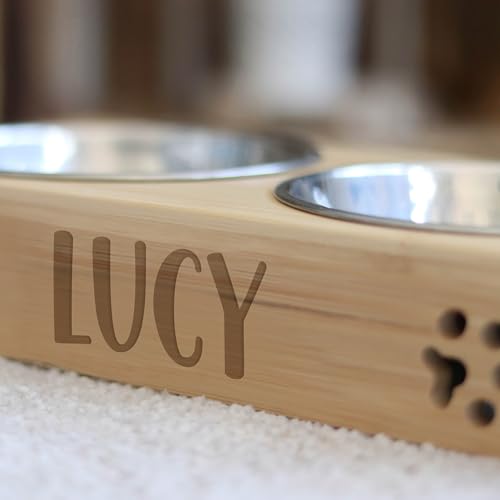 LAUBLUST Futterstation mit Name Personalisiert - Bambus, 2 Edelstahl Fressnäpfe Katze | M - 31x15x6cm, 2 x 0,35l, Natur