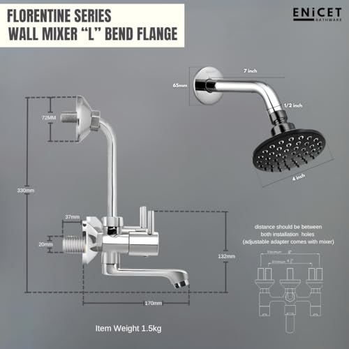 Image of ENICET Brass Wall Mixer with 190mm Long Bend Pipe, Chrome Finish, Provision for Overhead Shower, Wall Mixer for Bathroom, Water Mixer Tap for Bathroom Full Set (WITH SHOWER)