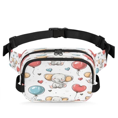 Hand Painted Elephant Love Balloon Waterproof Fanny Pack for Women Men Adjustable Waist Bag with Double Zipper Pockets Lightweight Square Hip Pack for Running Travel Hiking Workout Cycling