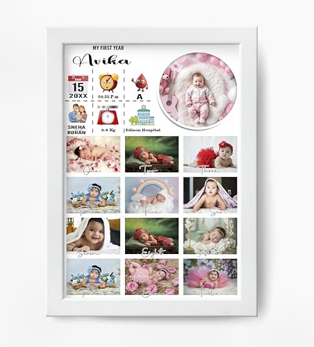 Image of Customized Baby Birth Insta Bio Photo Frame | Monthly Baby Growth Collage (Newborn to 12 Months) | Personalized 1st Birthday Memory Frame with Baby Name & DOB | Birthday Frame for Boy and Girl | 8x12 Inch (White)