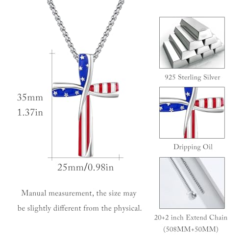 CUOKA MIRACLE American Flag Cross Necklace 925 Sterling Silver Patriotic Jewelry Religious Cross Pendant Necklace Independence Day Patriotic Jewelry Gift for Men Women4