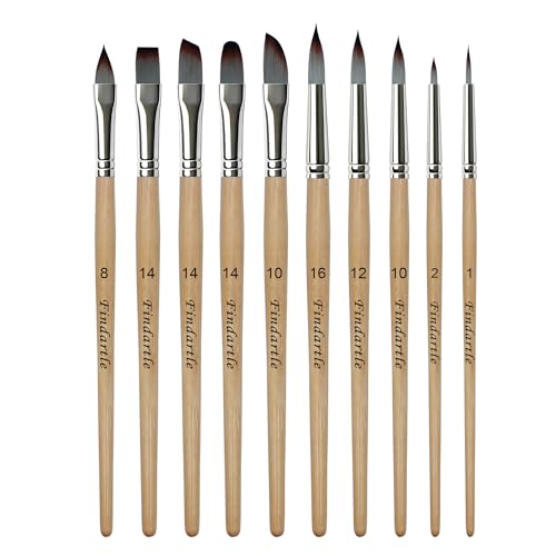 Findartle Watercolour Paint Brushes 10 Pcs Acrylic Brushes For Watercolour Acrylic Oil Gouache Painting Artist Paint Brush with Round Flat Filbert Angle Rigger Dagger Cat Tongue (Natural Wood)