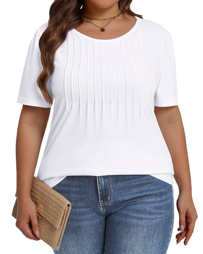 Image of Plus Size Tops for Women Pleated Summer Top Trendy Short Sleeve Shirts Casual Basic Tee Crew Neck Blouses 2026