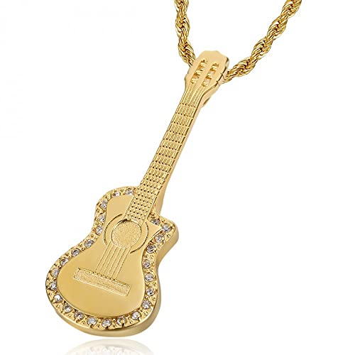 BOBIJOO Jewelry - Pendentif Collier Guitare pan coupé 6 Cordes Gitan Acier Inoxydable Or Diamants Chaîne