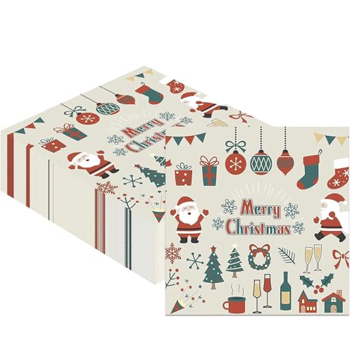 Gleemix Weihnachts Servietten Beige 40 Stück Servietten Weihnachten 33x33 cm Weihnachtsservietten Merry Christmas Napkins für Urlaub Abendessen Weihnachtsfeiern