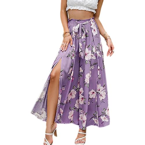 Women's Floral Side Split Slit Flowy Wide Leg Pants Boho Tie Front High Waist Pleated Wide Leg Pant with Belt