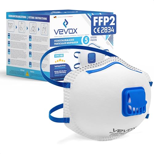 VEVOX® FFP2 Maske mit Ventil – 5er, 10er oder 20er Set – Staubmaske – Atemschutzmaske – Staubschutzmaske – Feinstaubmaske – Atemschutz z.B. gegen Feinstaub, Schleifstaub oder Baustaub