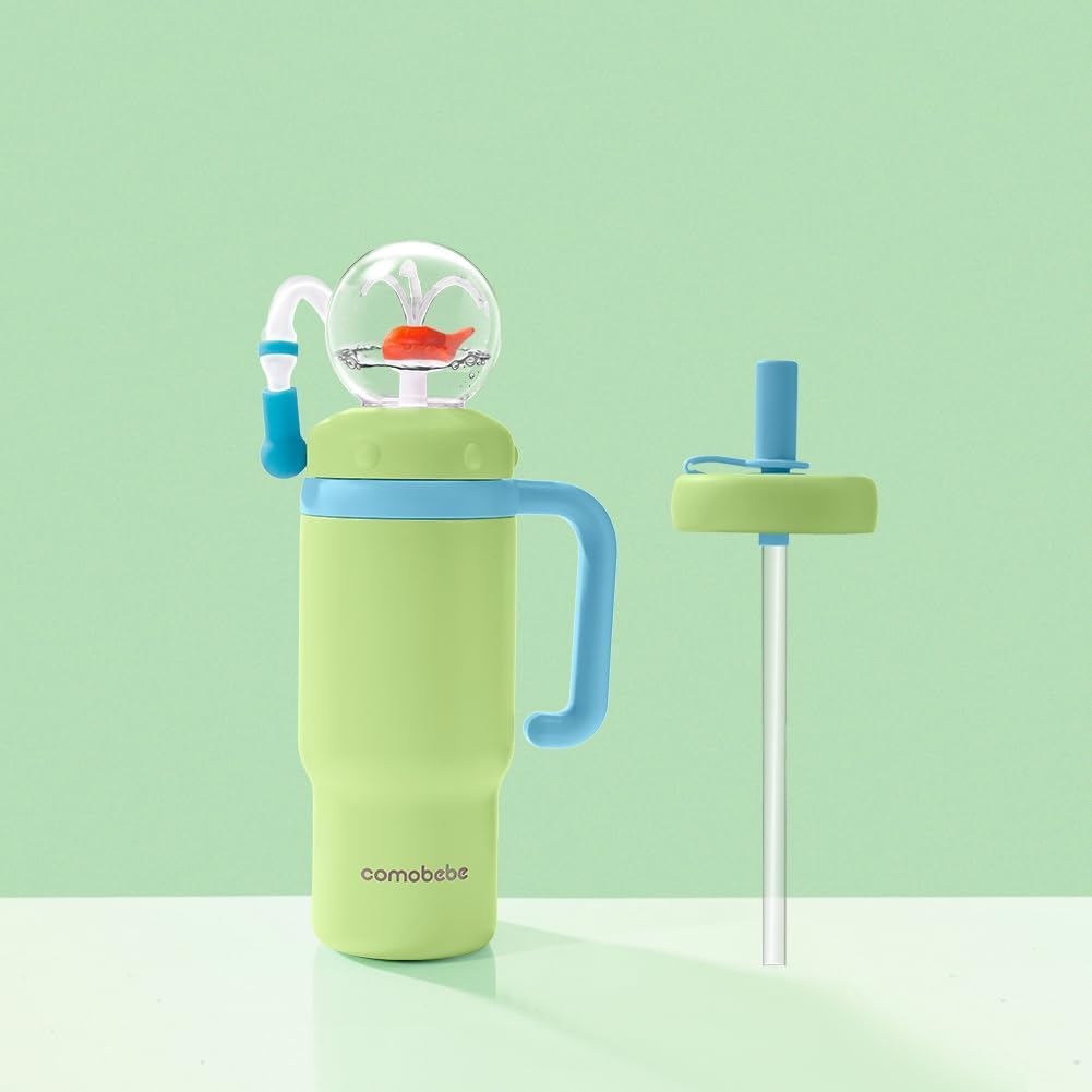VIMAZ Whale Fountain Tumbler with Handle 24oz Stainless Steel, 2025 New Whale Water Bottle, Cute Fountain Tumbler Kids with Fun Fountain Effect, Spill-Proof, Dishwasher Safe for Kids, Teens (Green)
