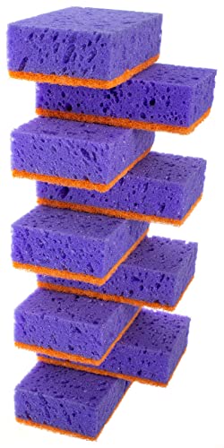 Image of Purple and Orange Multi Use Scrub Sponges. Made in Europe. 9 Pack, 4.3x2.8x1.4 inches. Heavy Duty & Non Scratch Fiber. Odorless Durable Delicate, Easy Washable Violet Scrubber