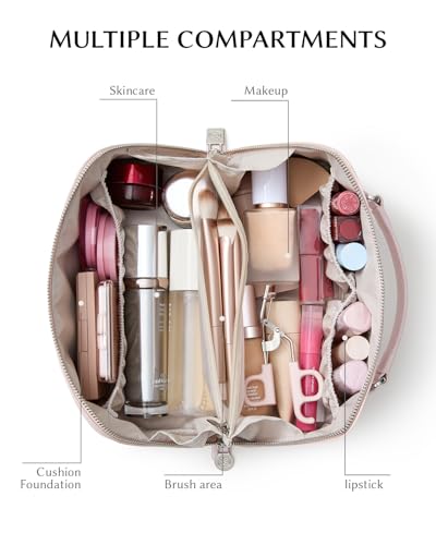 Image of EACHY Travel Makeup Bag, Large Capacity Cosmetic Bag for Women, Waterproof PU Leather, Flat Open Portable Toiletry Bag for Skincare, Brushes & Travel Essentials