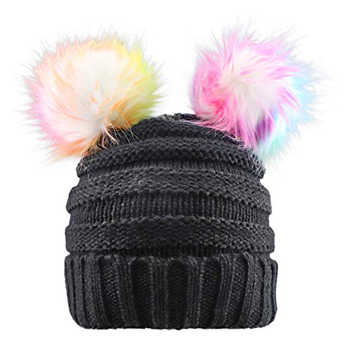 Kids Girls Boys Multi-Color Ear Double Pom Pom Beanie Hat Winter Warm Rib Knitt Ski Hats (Age 7-15)