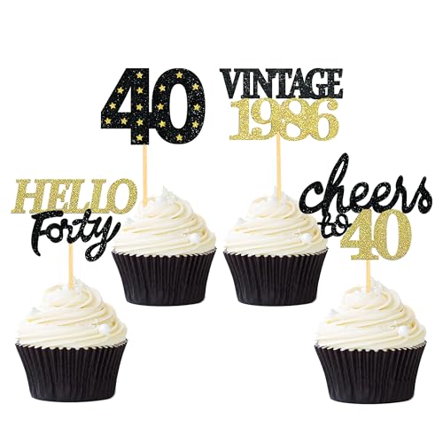 Déco cupcake 40 ans noir et doré : lot de 24 pics pailletés pour un anniversaire d'exception