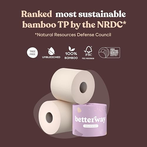 Betterway Unbleached Bamboo Toilet Paper Rolls - Eco-Friendly 3 Ply Toilet Tissue - 36 Long-Lasting Rolls - 360 Sheets/Roll - Organic, FSC Certified, Septic Safe TP - Lint-Free, PFAS-Free Bath Tissue