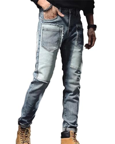 Men's Patchwork Jeans Biker Moto Washed Slim Fit Straight Jeans Denim Multi Pocket