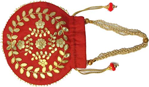 Zoya Gems & Jewellery Women’s Handbag, Wedding Potli Bag, Evening Bags, Designer Silk Potli Bag, Red Potli Bag Purse, Indian Ethnic Potli Bag, Gota Patti Handbag - Image 3