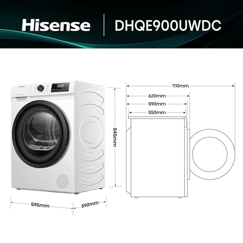 Hisense DHQE900UWDC - Secadora bomba de calor, capacidad 9 Kg, Clase D, secado rápido 30', finalización diferida, ancho 59,5cm, alto 84,5cm, fondo 55cm, color Blanco - Imagen 3